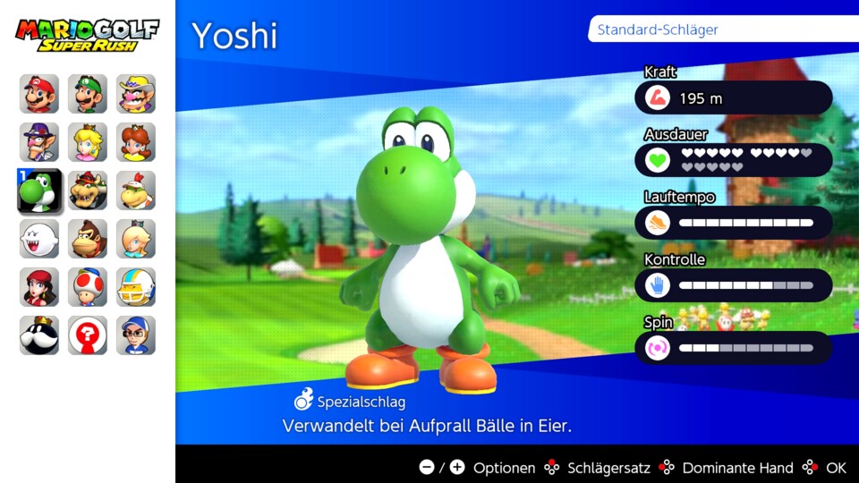 16 Charaktere gehen an den Start, natürlich ist Yoshi auch dabei.