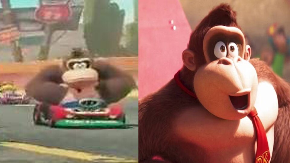 Das angepasste Donkey-Design in Mario Kart 9 (links) und Donkey Kong im Kinofilm (rechts).