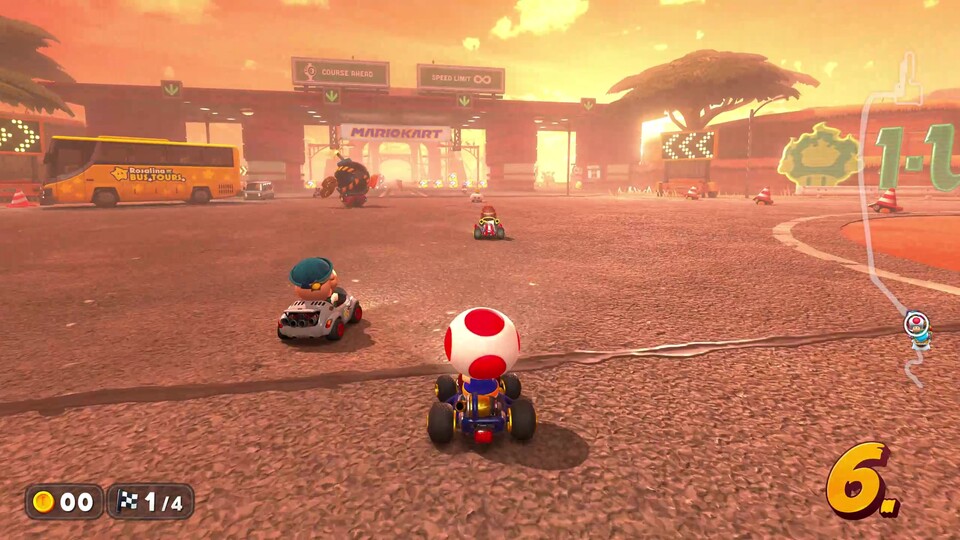 Teilweise zaubert Mario Kart World extrem atmosphärische Lichtstimmungen auf den Bildschirm.