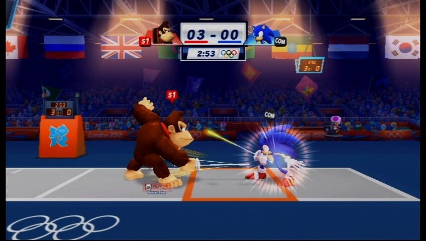 Donkey Kong setzt beim Fechten zum Finalen Stich gegen Sonic an.