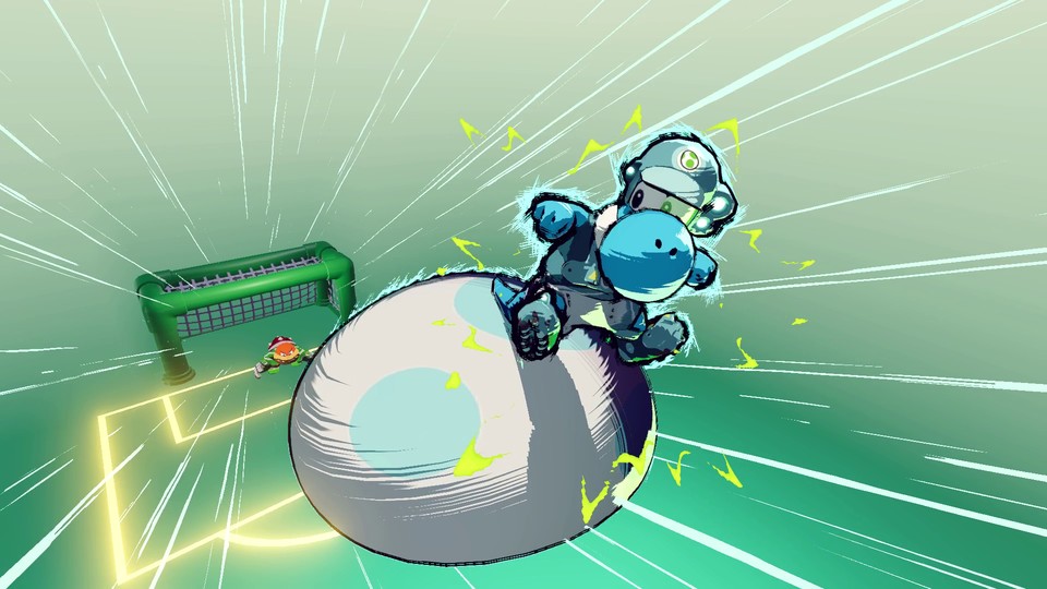 Die Hyperschüsse gehören zu den optischen Highlights des Spiels. Hier zimmert Yoshi ein Riesen-Ei auf den gegnerischen Kasten.