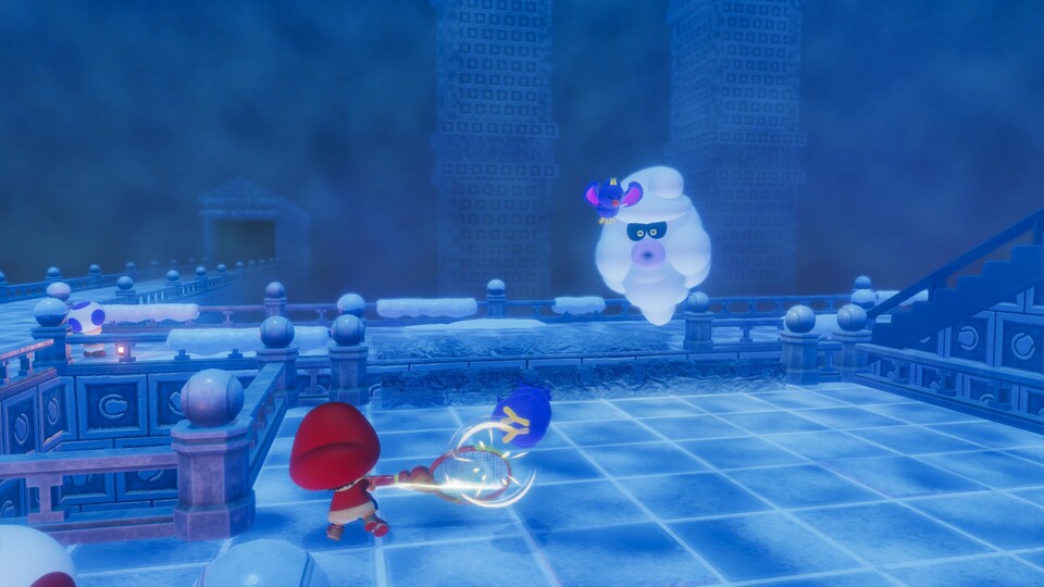 In der Singleplayer-Kampagne des neuen Mario-Spiels kämpft ihr mit Tennisschlägern gegen Monster.