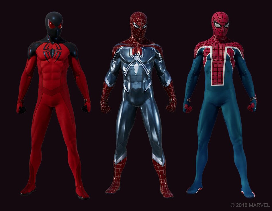 drei neue Anzüge von links nach rechts: Scarlett Spider II, Resilient und Spider-UK-Anzug