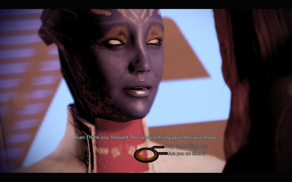 Auf Ilium redet die Rachni-Königin durch eine Asari mit Shepard.