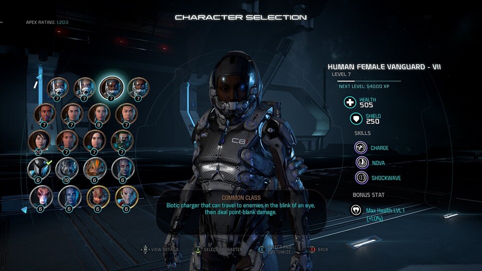So sieht die Charakterauswahl im Multiplayer von Mass Effect: Androemda aus.