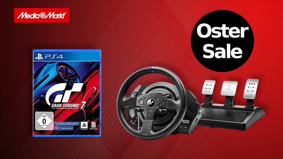In den Osterangeboten bei MediaMarkt gibt es gerade unter anderem ein Bundle mit dem Lenkrad Thrustmaster T300 RS und Gran Turismo 7 für PS5.