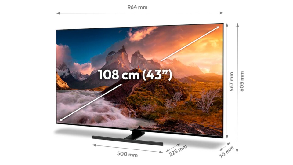 Der Medion QLED-Fernseher aus dem Aldi-Angebot ist 43 Zoll groß und verfügt über einen platzsparenden mittleren Standfuß.