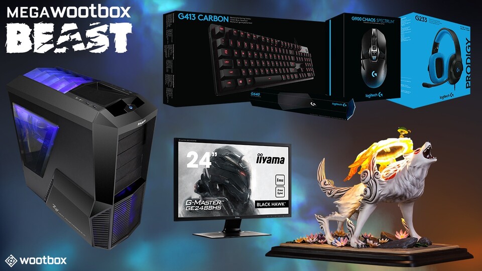 Die MegaWootbox »Beast« wartet im Juni mit einem kompletten Gaming-Rechner samt Zubehör und Götterstatue im Wert von mehr als 2.000 Euro auf.