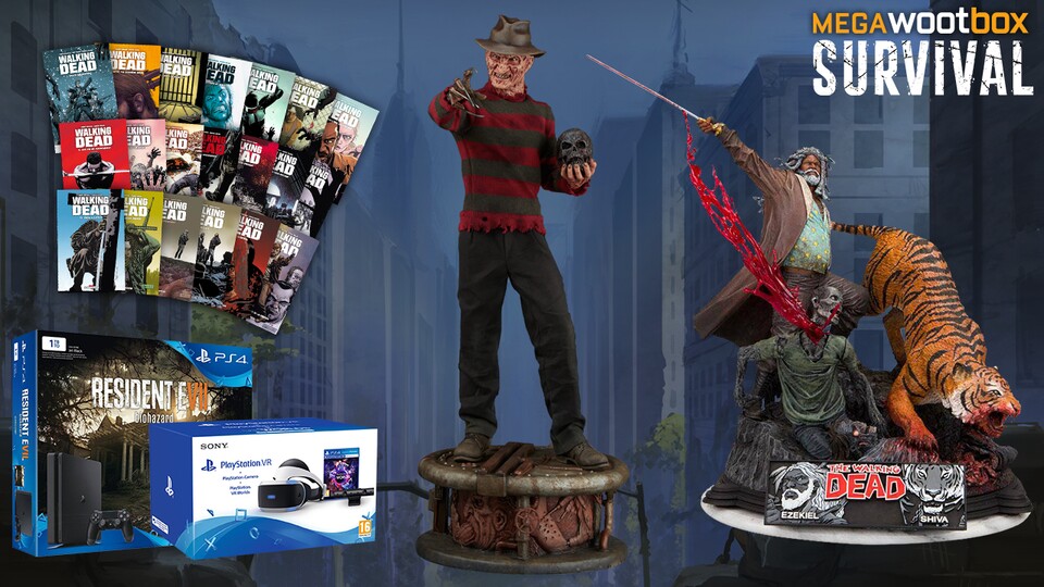 Die Megawootbox »Survival« überzeugt mit exklusiven Inhalten, wie die Statue von Freddy Krueger und ein komplettes PS4 Paket für dein Zuhause.