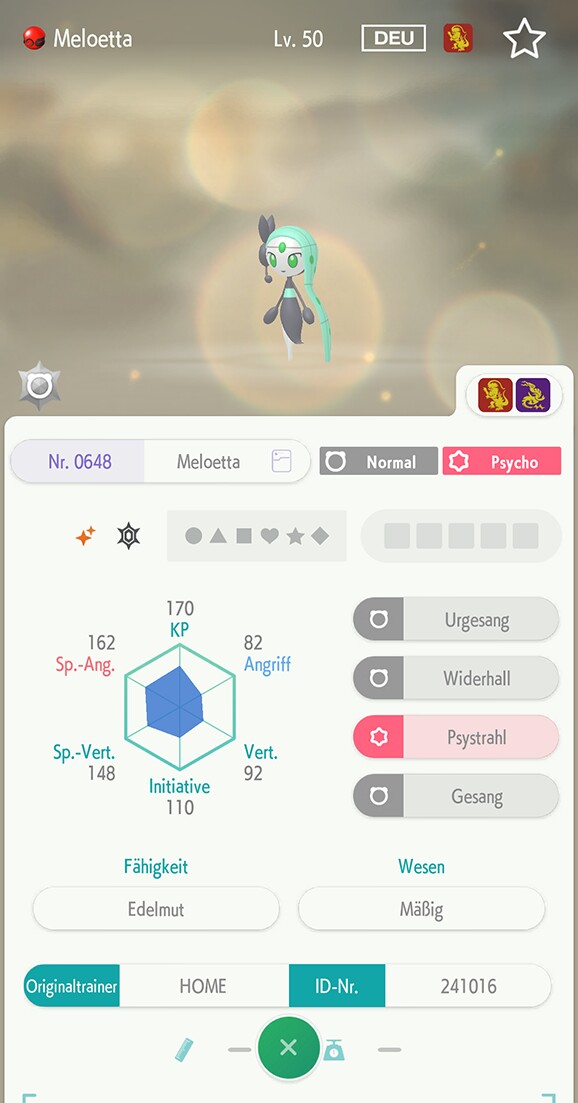 So sieht das Meloetta in der Mobile-Version von Pokémon Home aus.