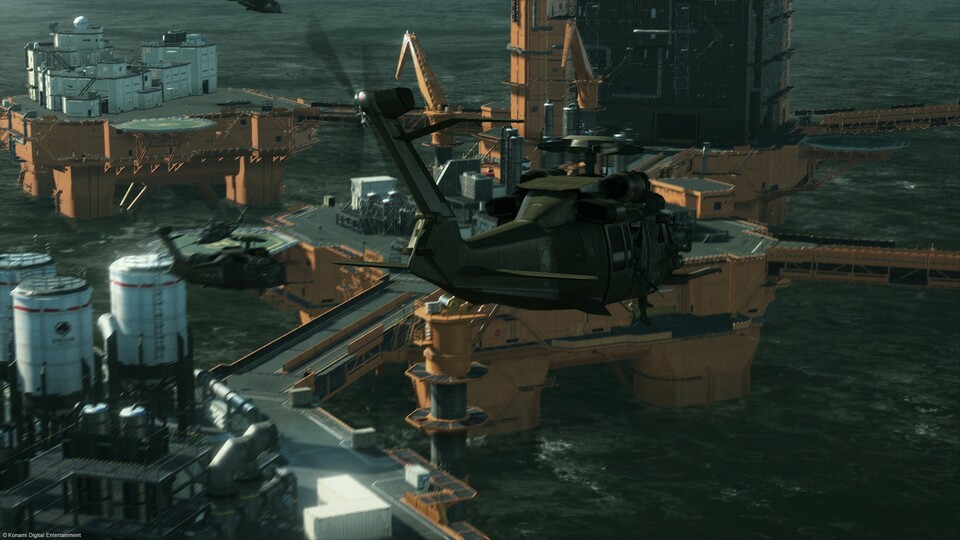 Anflug auf eine Ölbohrplattform. Schon in Metal Gear Solid 2 ein zentraler Schauplatz.