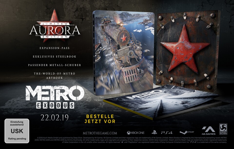 Mit der limitierten Aurora-Edition von Metro Exodus bekommt ihr neben dem Steelbook und dem stylischen Metall-Schuber das Artbook &quot;World of Metro&quot;, sowie den Expansion-Pass für kommende Inhalte.