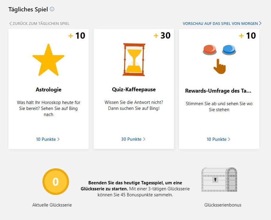 Das Rewards-Dashboard zeigt euch tägliche Aktivitäten an, mit denen ihr Punkte sammeln könnt.