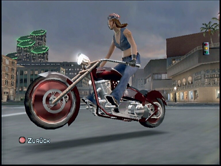 Auch die Motorräder werden getunt: Unser Chopper hat statt Speichen mittlerweile eine rote Scheibe. Screen: Xbox