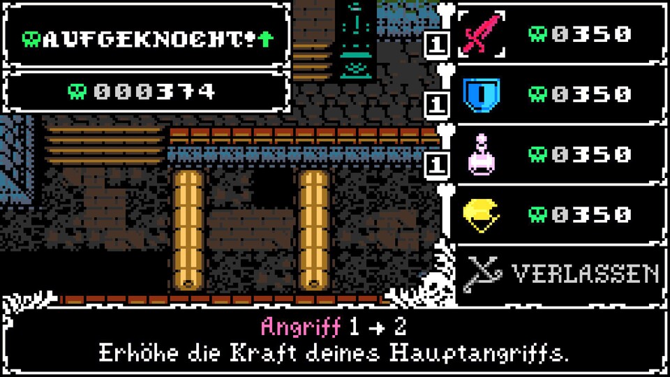 Plüng! Aufgeknocht! Jetzt kann ich mich zwischen Mehr Schaden, Verteidigung oder eine Umwandlung der Knochen zu Steinen entscheiden.