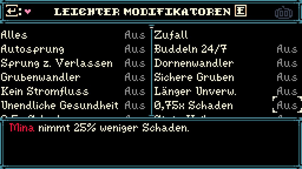 In gleich mehreren Kategorien kann das Spielgefühl von Mina The Hollower angepasst werden.