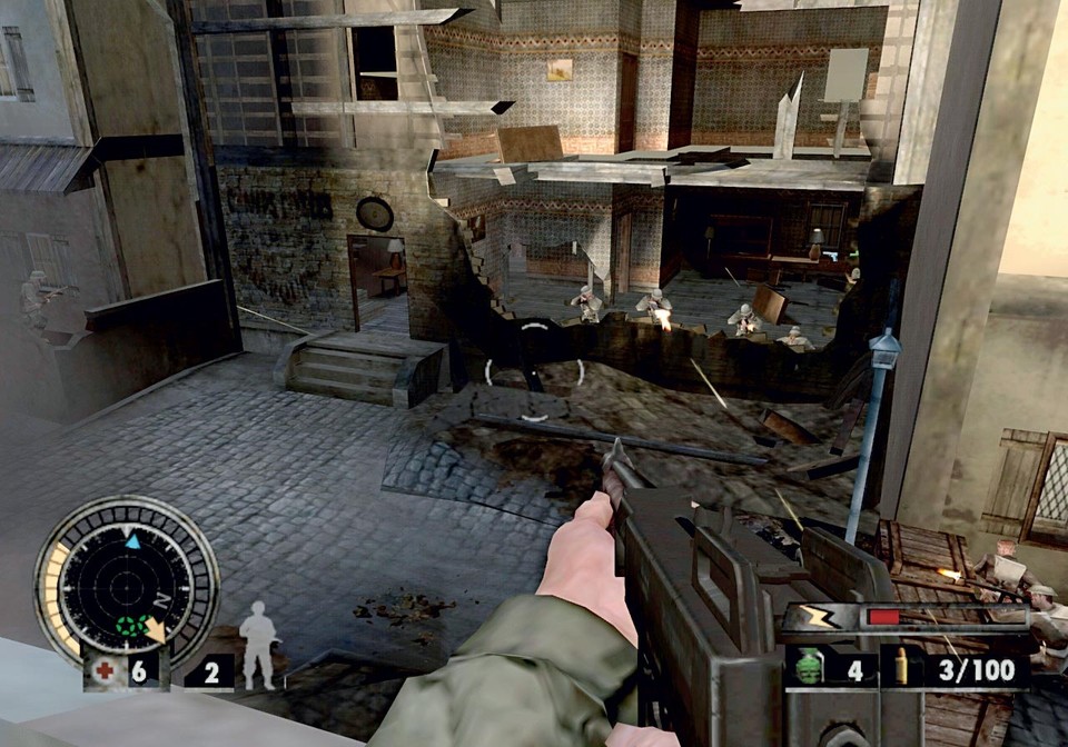 In den zerbombten Häusern einer belgischen Stadt liefern wir uns Feuerduelle mit den Nazi-Schergen. Wer keine Deckung sucht, wird schnell zur Zielscheibe für den Feind. Screen: GameCube 