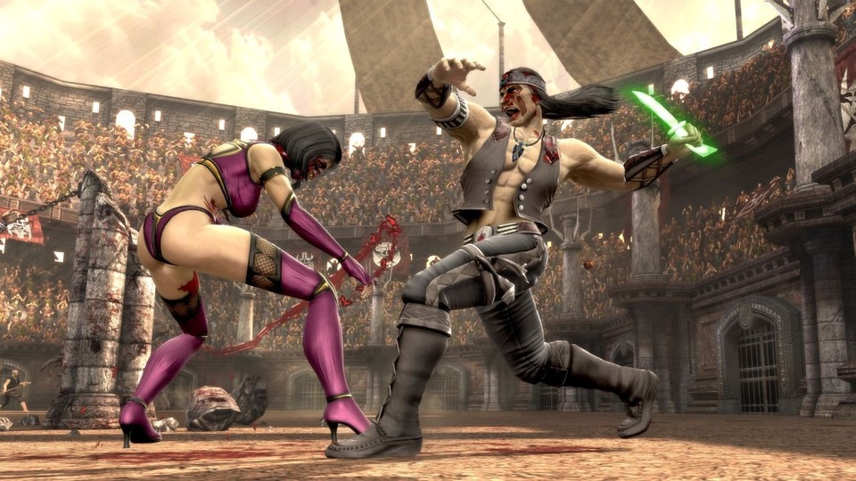Mortal Kombat: Indianer Night Wolf rückt Reisszahn-Lady Mileena mit dem Energiedolch zu Leibe.