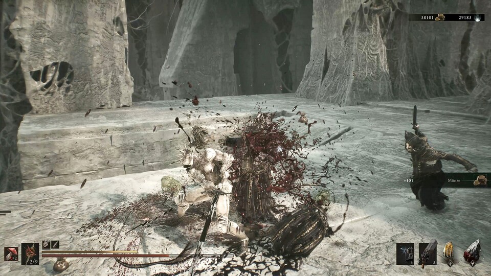 Da hat Proxima glatt zwei Alchemisten gleichzeitig einen Kopf kürzer gemacht. Blut fließt in Mortal Shell 2 zudem in rauen Mengen.