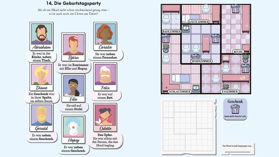 Die Sudoku-typischen Kacheln werden nicht mit Zahlen gefüllt, sondern mit Möbeln und anderen Tatrelevanten Objekten.