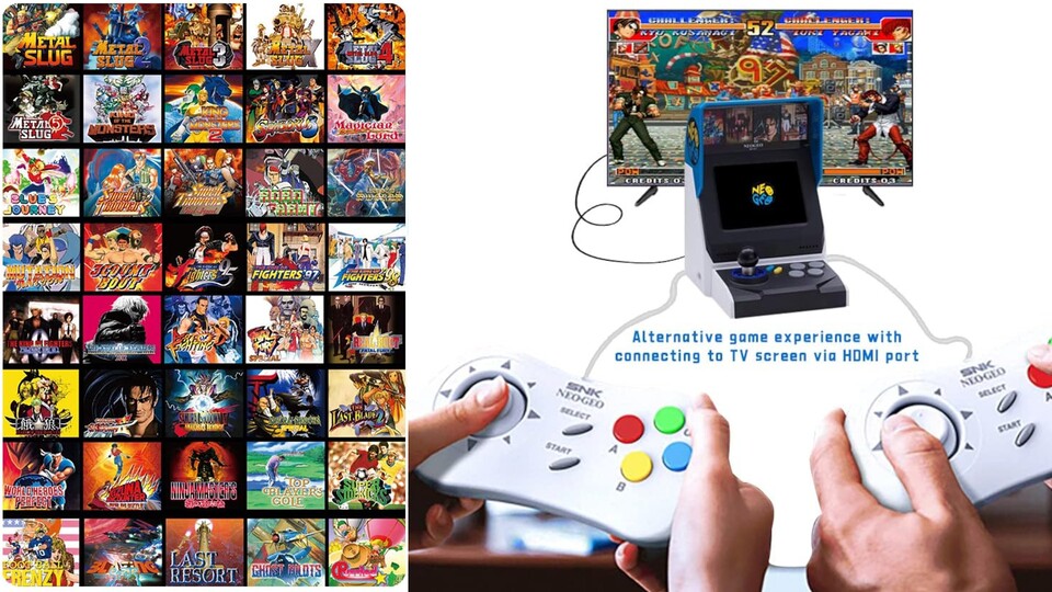 Das Neo Geo Mini wird mit 40 Spielen geliefert und kann alternativ auch am TV verwendet werden. Die Controller werden aber nicht mitgeliefert.