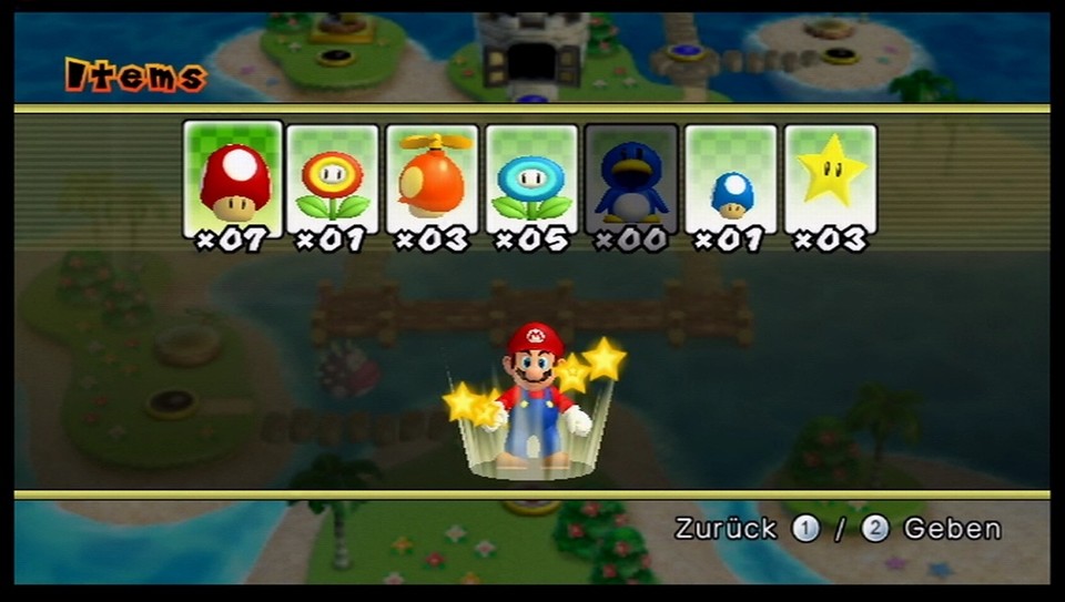 New Super Mario Bros. Wii: Auf der Oberwelt wählt ihr gesammelte Items direkt aus und setzt sie ein. 