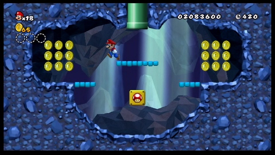 New Super Mario Bros. Wii: Grüne Röhren führen meist in versteckte Abschnitte mit vielen schimmernden Münzen. 