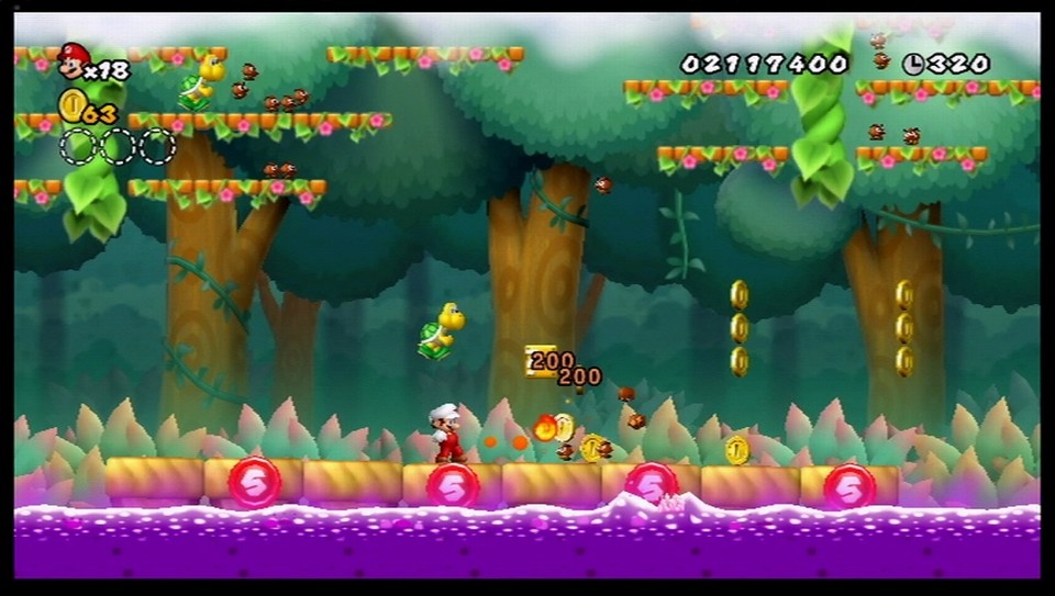 New Super Mario Bros. Wii: Dieses floßähnliche Gefährt bewegt sich nur weiter, wenn weniger als fünf Gegner darauf sind. 