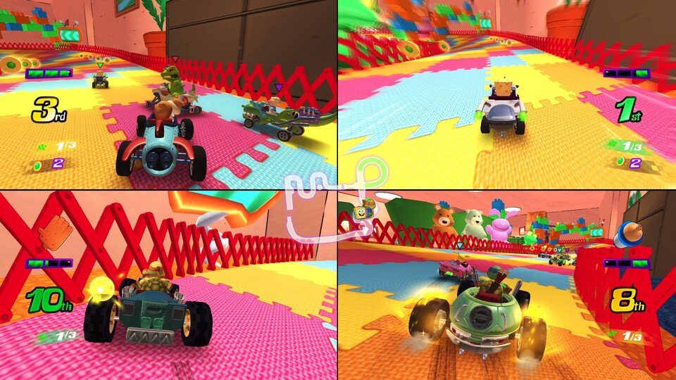 In Nickelodeon Kart Racers rast ihr mit Figuren aus den berühmten Serien über knallbunte Kurse.