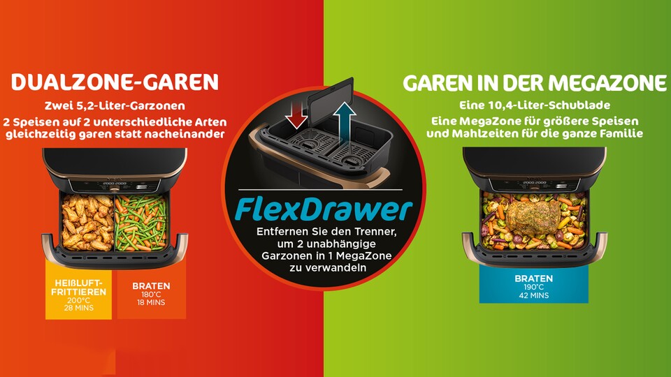 Die Ninja Foodi FlexDrawer hat auch zwei Fächer, die man bei Bedarf aber auch zu einem großen zusammenlegen kann.