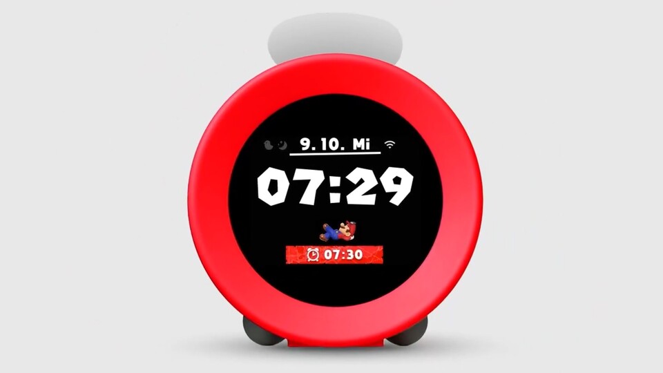 DIe Animation auf dem Wecker zeigt einen schlafenden Mario, der dann gemeinsam mit euch aufsteht.