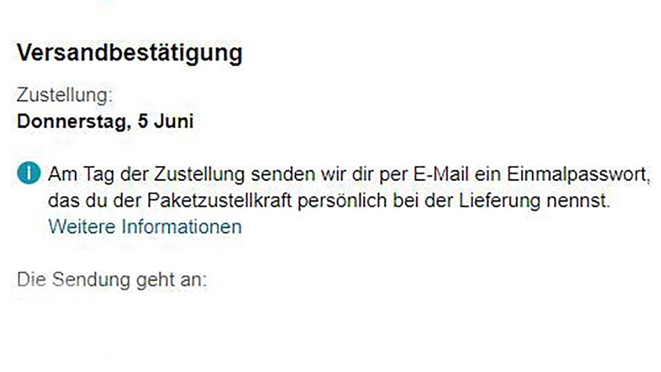 Per E-Mail informiert Amazon über die Einmalpasswort-Maßnahme.