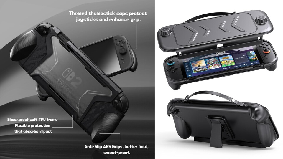 Viele der Schutzhüllen für Switch 2 bringen ergonomische Griffe für den Handheld-Modus mit, teilweise wird auch eine Displayabdeckung für den Transport mitgeliefert.