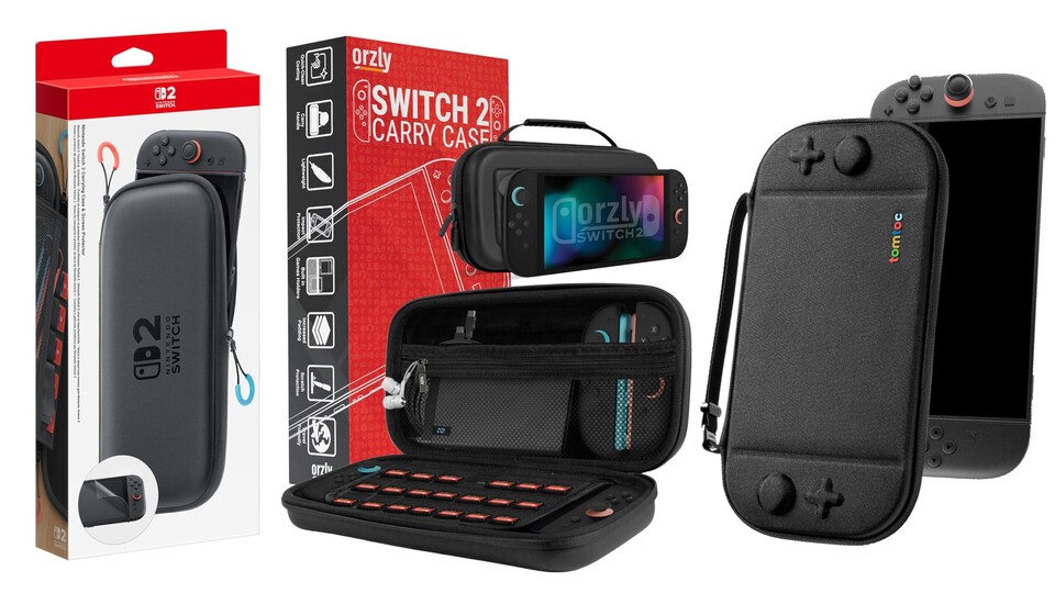 Es gibt eine offizielle Tragetasche für Nintendo Switch 2 (ganz links), aber die Alternativen bieten teils mehr Platz oder ein schickeres Design.