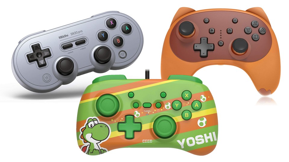 For the Nintendo Switch, the selection of kid-friendly controllers is relatively good.  From left to right: 8bitdo SN30 Pro, Horipad Mini and Kingear controller.