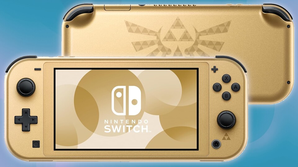 Neben der goldenen Farbe fällt die neue Nintendo Switch Lite vor allem durch das Hyrule-Wappen auf der Rückseite auf.