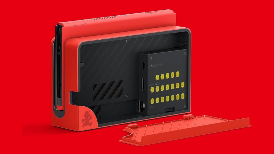 Die Switch OLED Mario Edition zeichnet sich vor allem durch die rote Farbe aus, auf der Rückseite finden sich aber auch ein paar Verzierungen.