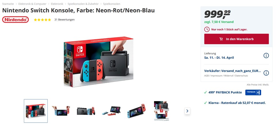 Bitte nicht kaufen: Die Nintendo Switch zum Wucherpreis von 999 Euro.