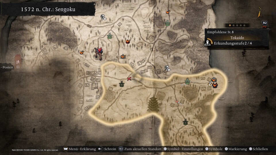 Auf der Map sehen wir die Levelempfehlung für jedes Untergebiet wie Tokaido und auch die aktuelle Erkundungsstufe. Ihr seht hier nur einen kleinen Ausschnitt der ersten Open World.