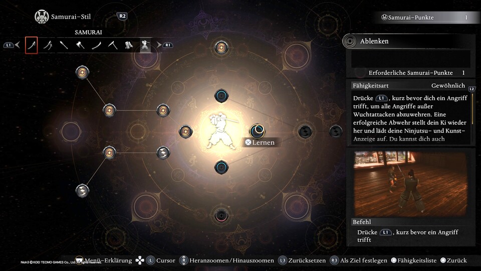 Samurai und Ninja haben je mehrere Skilltrees mit allgemeinen Fähigkeiten und solchen, die Waffentypen zugeordnet sind.