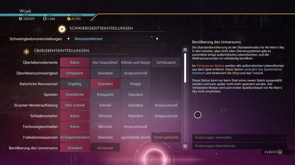 Nur ein Teil des Menüs für die Anpassungen des Schwierigkeitsgrads. Hier sollte wirklich jeder für sich oder sein Kind die optimale No-Man’s-Sky-Erfahrung zusammenbasteln können.