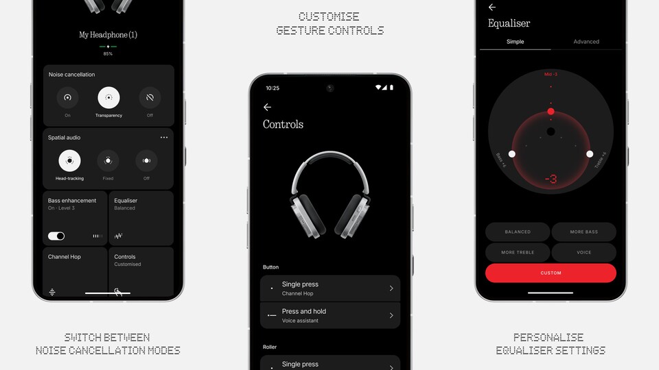 Per Nothing X-App könnt ihr das Nothing Headphone (1) in Sachen Sound, Tastenbelegung und Co. nach euren Präferenzen konfigurieren.