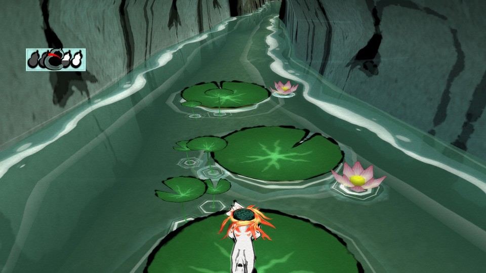 Amaterasu lernt früh im Spiel tragbare Wasserpflanzen zeichnen zu können. Damit kann sie größere Strecken auf dem Wasser überqueren.