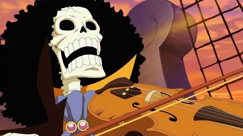 In One Piece spielt das Skelett Brook eine große Rolle: Unter anderem, weil es sozusagen der Hausmusikant der Strohhutbande ist.