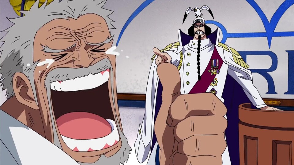 Garp ist amüsiert und Sengoku ist sauer auf ihn. (Bild: ©Toei Animation Eiichiro Oda)