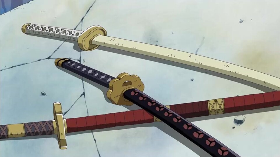 So sehen die drei Haupt-Schwerter von Lorenor Zorro in One Piece normalerweise aus.