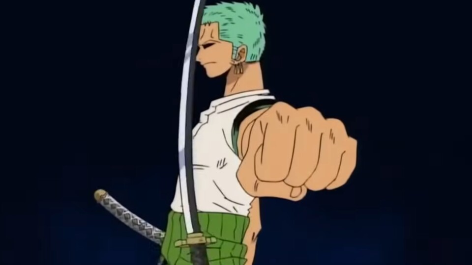 In einer legendären Szene wirft Zorro das Schwert in die Luft, um auszutesten, ob es ihm Unglück bringt. Als es ihn verfehlt, zeigt sich der ehemalige Besitzer Tanne beeindruckt. (Bild: © Eiichiro Oda, Shueisha Toei Animation)