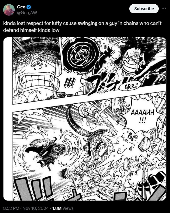 Geo_AW hat seine starke Meinung zu Ruffys Schlag in Kapitel 1131. (Bild: X-Beitrag von Nutzer*in @Geo_AW mit einem Manga-Ausschnitt von One Piece.)