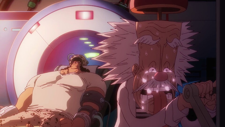 Vegapunk bricht es das Herz, den Schalter zur kompletten Auslöschung von Kumas Persönlichkeit zu tätigen. (Bild: Eiichiro Oda, Shueisha Toei Animation)