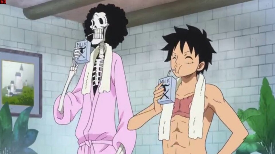 Brooks Knochenrisse und Ruffys gebrochener Zahn lassen sich schnell mit einem Schluck Milch heilen. (Bild: © Eiichiro Oda, Shueisha Toei Animation)